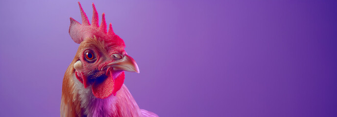 Brown hen profile portrait against a purple background. Detailed chicken side view with space for text. Poultry farming and farm life concept for design and print.