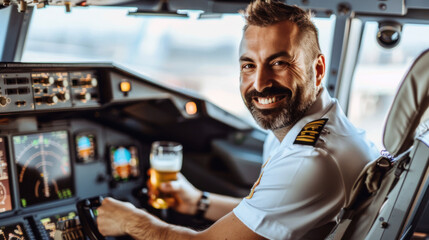 Commercial pilot drinking beer in flight