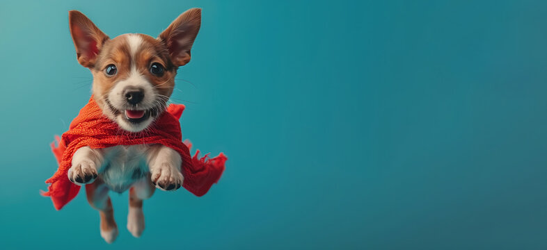 Toy dog in red cape flies, snout pointed high, collar jingling in the air