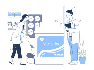 Monochrome vector illustration of healthcare professionals with male and female characters standing near large medicine pill package in pharmacy setting. Modern line art style flat vector illustration