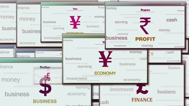 Currency dollar euro yen poud yuan symbol technology loop concept. Abstract sign on pop up windows. Seamless and looped.
