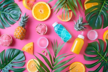 vibrant summertime flatlay including tropical fruits, sunglasses, and sunscreen Stunningly detailed, vibrant summer background with the greatest composition, top perspective, high resolution, 