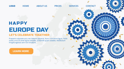Europe Day landing page, 9th May. Happy Europe independence day background with map, paper rosette and confetti