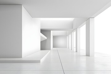 Columnar, Minimalist Corridor Modern white room with 3D rendering Three-dimensional model of a white, deserted hallway with sloping walls