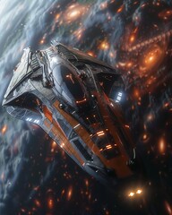 Spaceship in closeup, photorealistic details, lit by the natural ambiance of a galaxy ,ultra HD,clean sharp