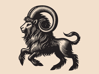 Mythical fairy-tale goat with huge horns. Capricorn. vintage engraving illustration, isolated object, emblem