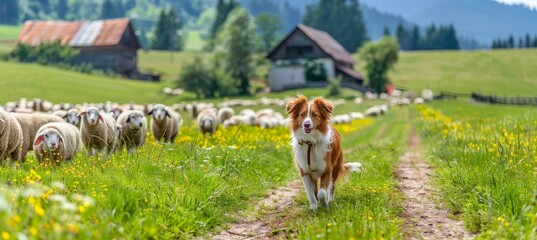 Border collie puppy herding sheep in lush green pasture, showcasing intelligence and work ethic - obrazy, fototapety, plakaty