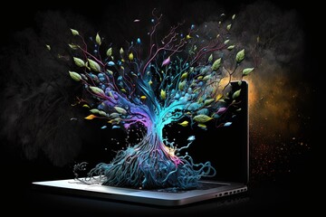 Fractal Tree Design Emerging from Laptop Computer - obrazy, fototapety, plakaty