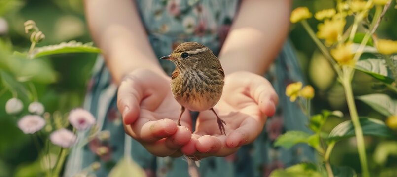 Young girl showing care by cradling a tiny bird, symbolizing animal welfare and protection