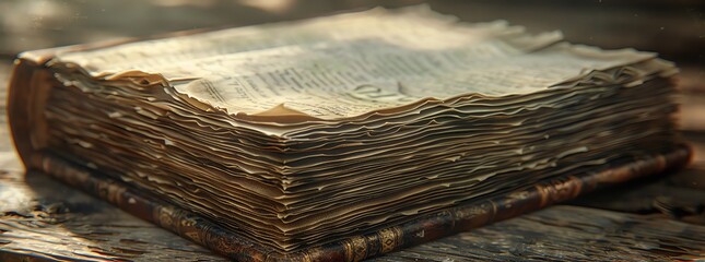 Old book cross-section, aged paper layers visible, detailed texture, soft lighting, close-up, historical essence,  - obrazy, fototapety, plakaty