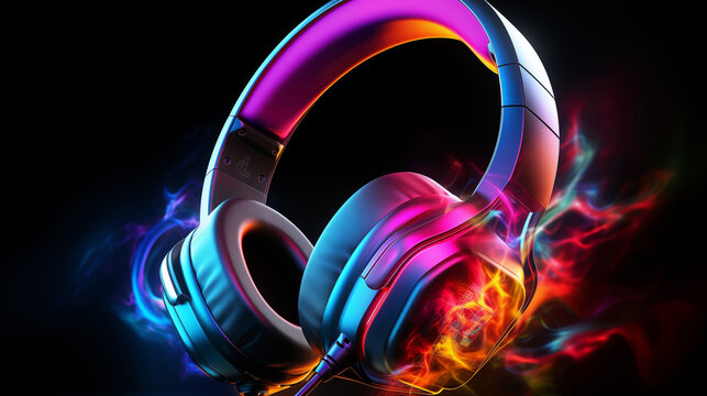 Sleek Headphones with Colorful Flame-like Smoke - Royalty-Free Image