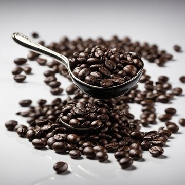 Silver spoon, filled to brim with dark, glossy coffee beans, forms centerpiece of this image, embodying essence of rich, aromatic experience. Beans, each unique in shape, texture, scattered around.