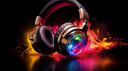 Fototapeta na wymiar Fiery Headphones with Dynamic Light Effects