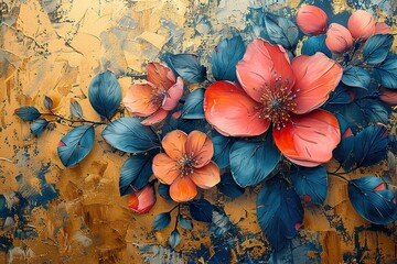 Oil paintings of abstract flowers and leaves. Sprinkled paint on smooth paper