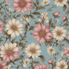 Foto op Canvas Pattern of beautifully illustrated flowers, leaves adorns soft blue background. Flowers, in full bloom, exhibit delicate interplay of colors, with petals ranging from deep pink to soft white. © Tamazina