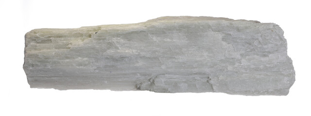 Crystal mineral spodumene. Commercially mined source of lithium (Li). White background. Copy space.