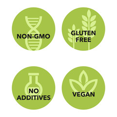 Vegan, Non-GMO, Gluten free green pictograms