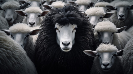 Curly Black Sheep Stands Out in Crowd of White Sheep