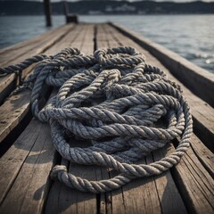 Coiled rope, exhibiting signs of use, lies in center of wooden dock, basking in soft glow of sunlight that casts intricate shadows, highlights texture of both rope, wood.