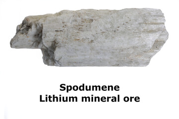 Crystal mineral spodumene, with text. Commercially mined source of lithium (Li). White background. Copy space.