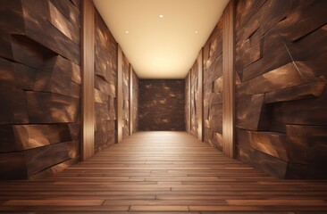 View of luxury a corridor, hallway, or passageway in a hotel decorated with a stone wall and wood floor. Generative AI. - obrazy, fototapety, plakaty