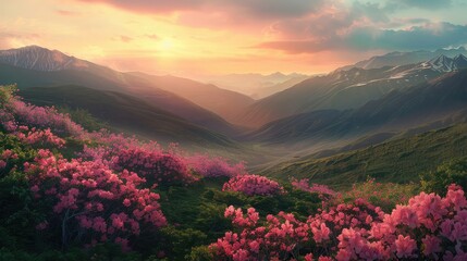 A verdant valley carpeted with colorful blossoms, framed by distant mountains and bathed in the...