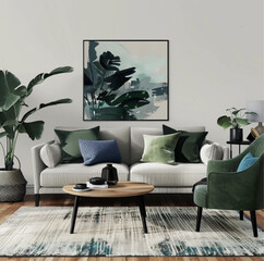  a minimal and coastal living room, grey sofa, blue and green pillows, soft beige walls, black accents, light oak, walnut, plants and abstract art