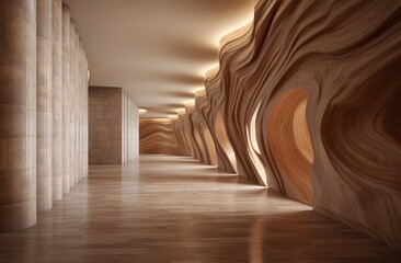 View of luxury a corridor, hallway, or passageway in a hotel decorated with a stone wall and wood floor. Generative AI.