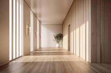 View of luxury a corridor, hallway, or passageway in a hotel decorated with a stone wall and wood floor. Generative AI.