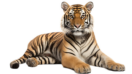Bengal tiger in front of a white background. Portrait of Bengal Tiger Panthera tigris tigris 1 year old sitting in front of white background studio shot  - obrazy, fototapety, plakaty