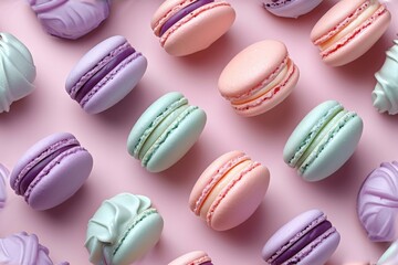 Delicious and Vibrant Assortment of Colorful Macarons on a Pink Background with White Frosting - obrazy, fototapety, plakaty