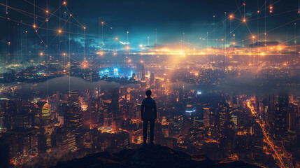 Silhouette of a Man Standing on a Mountain Overlook with Digital Network Overlay and Sunset Cityscape Background