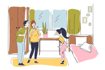 Parents and teenage daughter fight in the bedroom, depicting parenting difficulties. Line art style flat vector illustration
