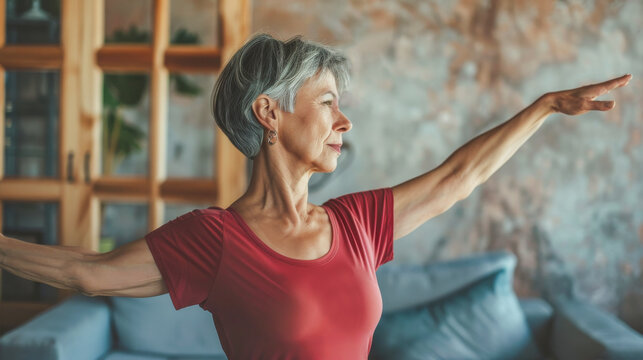 Senior latin woman doing yoga stretching exercise at home - Healthy lifestyle and mindfulness concept - Models by AI generative