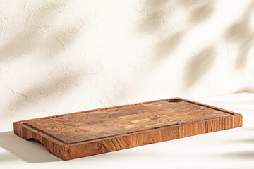 Handcrafted Acacia Wooden Cutting Board Serving Tray on White Background in Natural Sunlight.