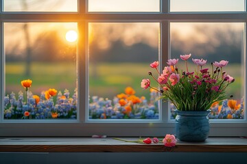 spring on the window sill, featuring a modern window with a view of a vibrant spring field in the yard