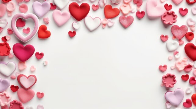 Frame Filled with Pink and Red Hearts on White Background. Generative AI