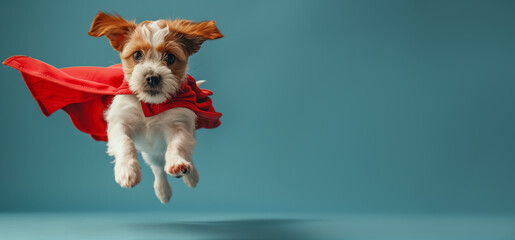 A terrier puppy wearing a red cape leaps into the air
