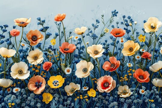Seamless vector pattern with abstract flowers. Hand drawn wildflowers, rose hips and tulups on blue background