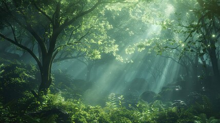 A tranquil forest glen illuminated by the soft glow of morning light, with dew-kissed leaves...