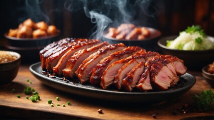 Char Siu Cantonese-style barbecued pork with a sweet glaze.  - obrazy, fototapety, plakaty