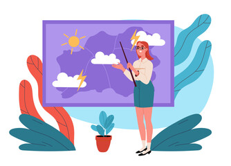 A young pretty female presenter telling a weather forecast standing next to a screen displaying weather signs and symbols.. Flat cartoon vector illustration