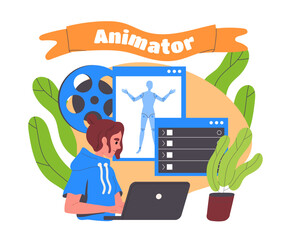 Illustration of an animator working on a computer, with a film reel and animation software interface in the background, on a colorful backdrop. Flat vector illustration