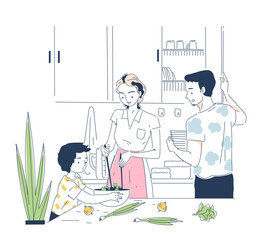 Family preparing food together in a kitchen, simple line drawing with blue tones, domestic life. Modern line art style flat cartoon vector illustration