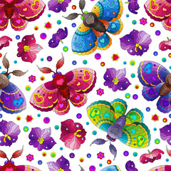 Seamless pattern with bright moths and flowers, on a white background
