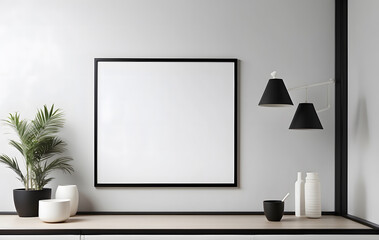 Close-up mock-up of a blank poster with a sleek black frame against a neutral white wall design