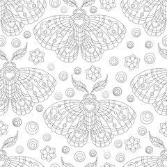 Seamless pattern with dark contour moths and flowers, on a white background