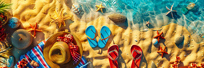 Colorful Summer Beach Scene with Flip Flops and Starfish on Sandy Shores, Perfect for a Vibrant Holiday - obrazy, fototapety, plakaty