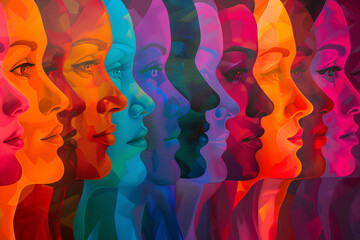 Colorful series of profile silhouettes in a row with abstract art style - obrazy, fototapety, plakaty