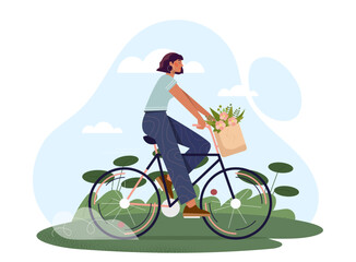 Young pretty girl cycling in a park with a bag of flowers on a sunny day, illustrated in a flat style on a clear blue background, concept of eco-friendly transportation. Modern Vector illustration